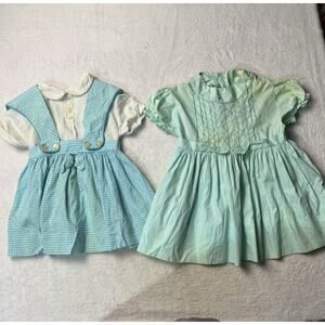 Vtg Baby Girls Dress 3-6 Months Blue Lace Lot Pinafore Gingham Collared 60s